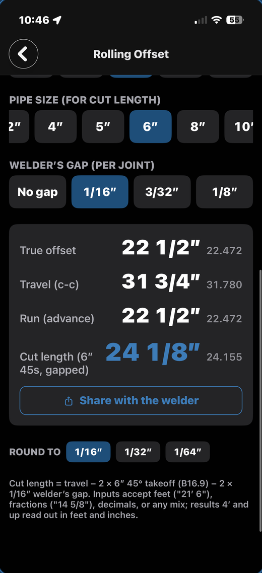 Rolling offset calculator showing true offset, travel, run and the 6-inch cut length